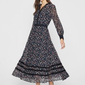 Club Monaco dark floral pleated midi dress sz 2